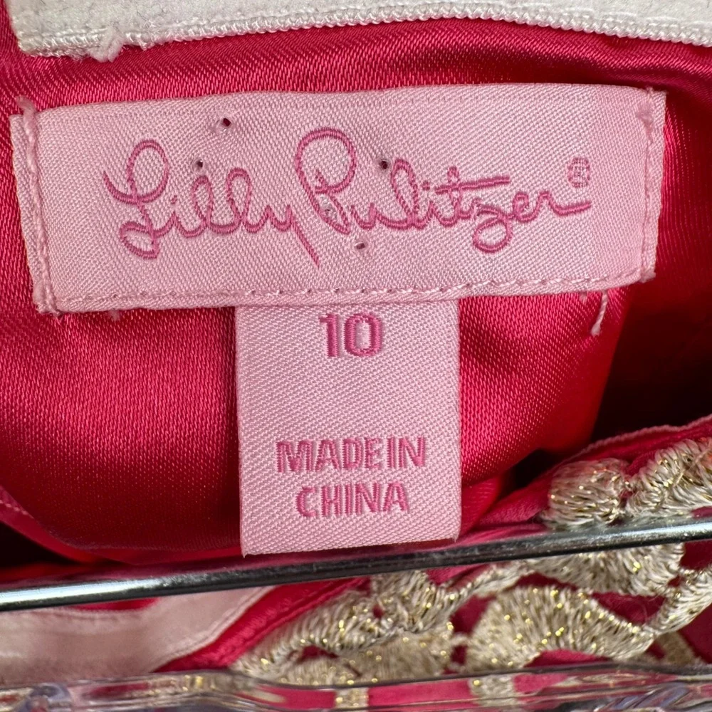 Lilly Pulitzer Pink‎ Pleated Skirt Gold Lace Trim Sweetheart Strapless Dressy 10 - Picture 6 of 7